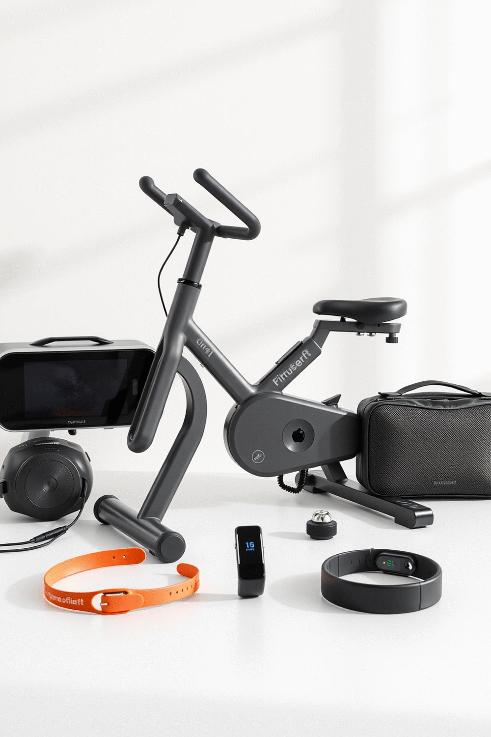A variety of virtual fitness devices and equipment, including a smart exercise bike, VR headset, and a fitness tracker, arranged neatly on a clean background.