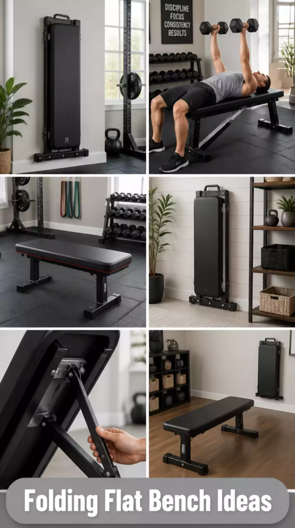 Home Gym Folding Flat Bench That Stores Vertically Against the Wall After Use
