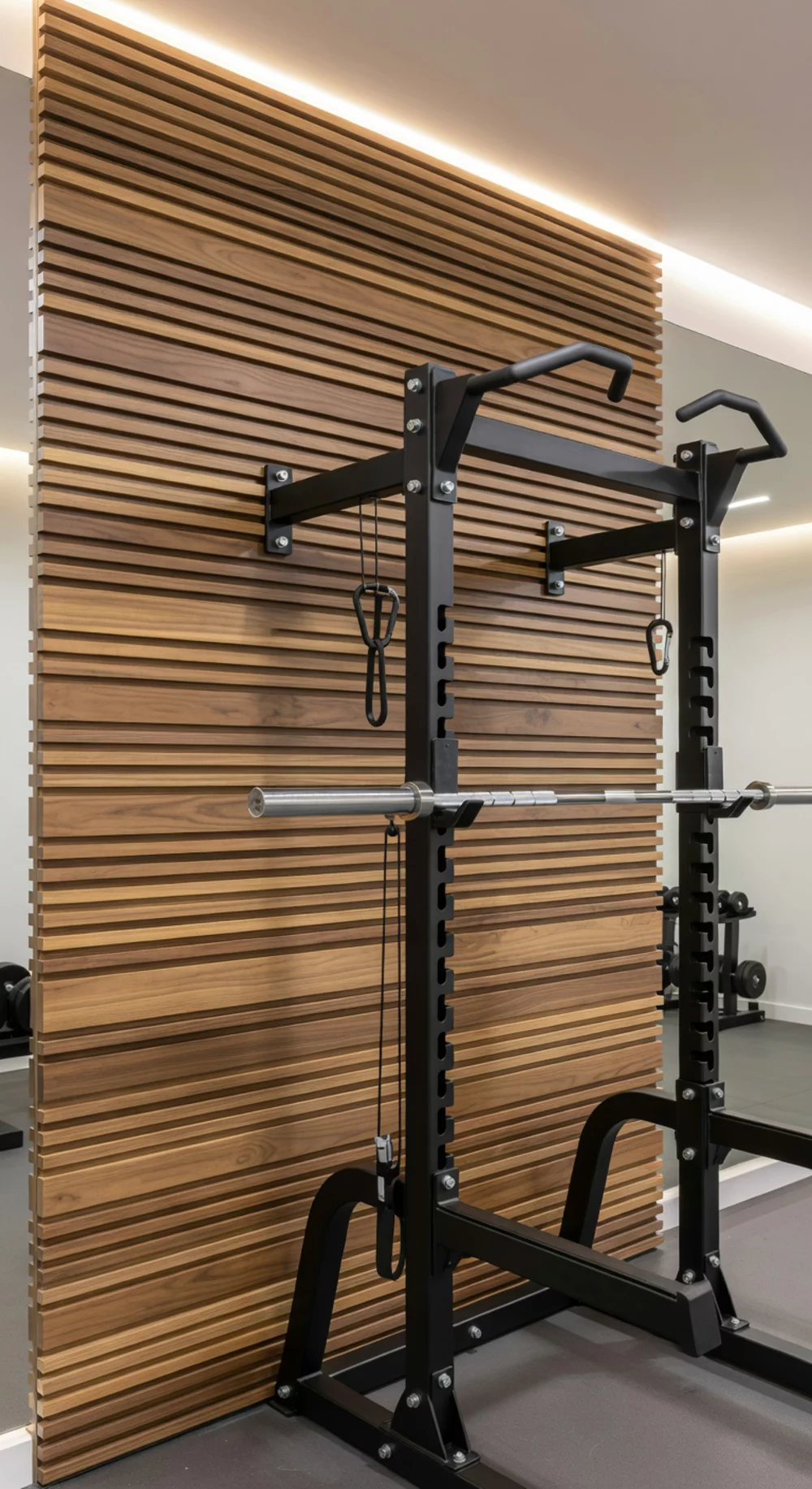 Home Gym Walnut Wood Slat Wall Behind a Power Rack for a Warm Industrial Contrast