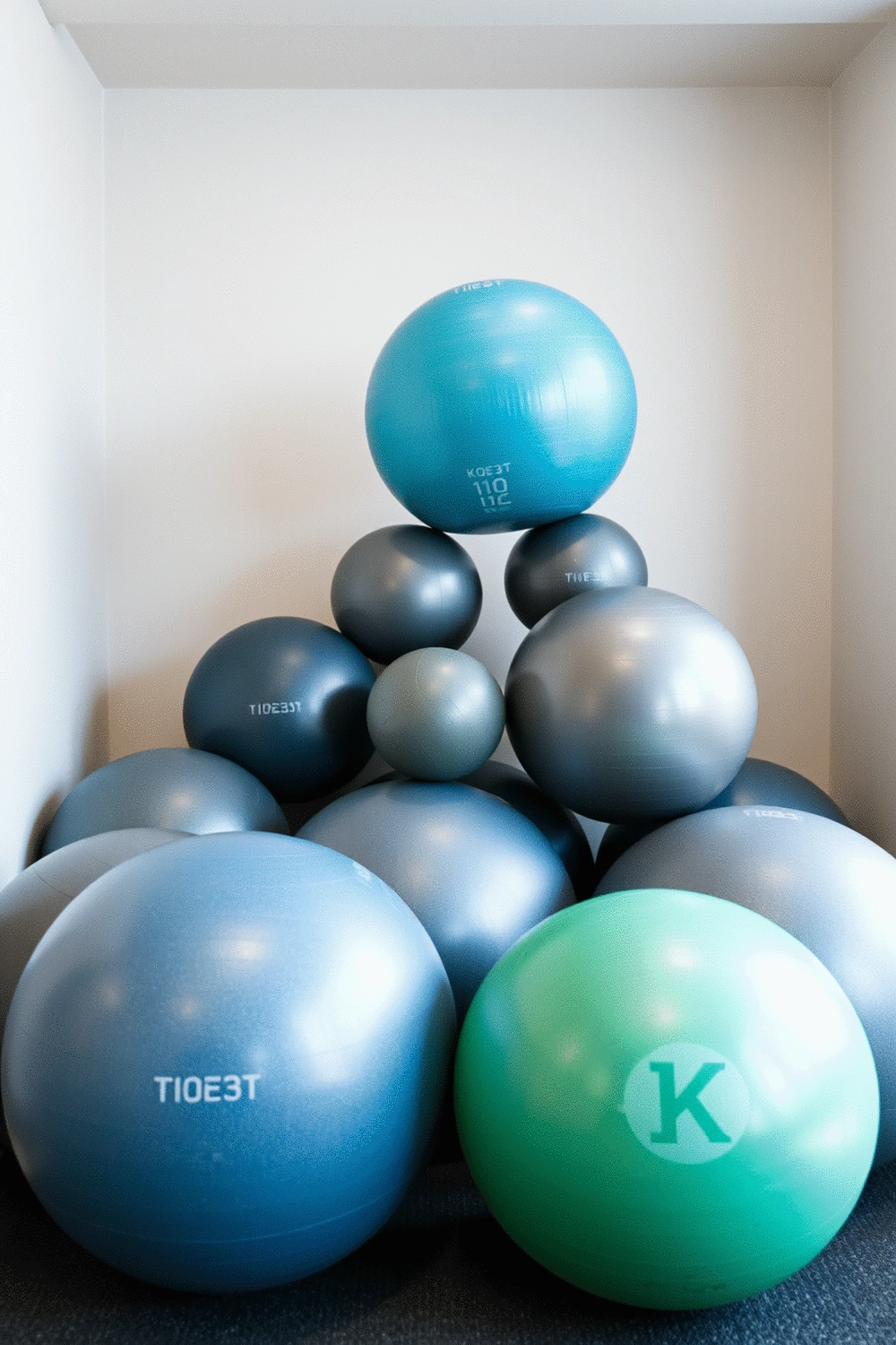 A collection of stability balls of various sizes and colors neatly stacked in a modern gym corner.