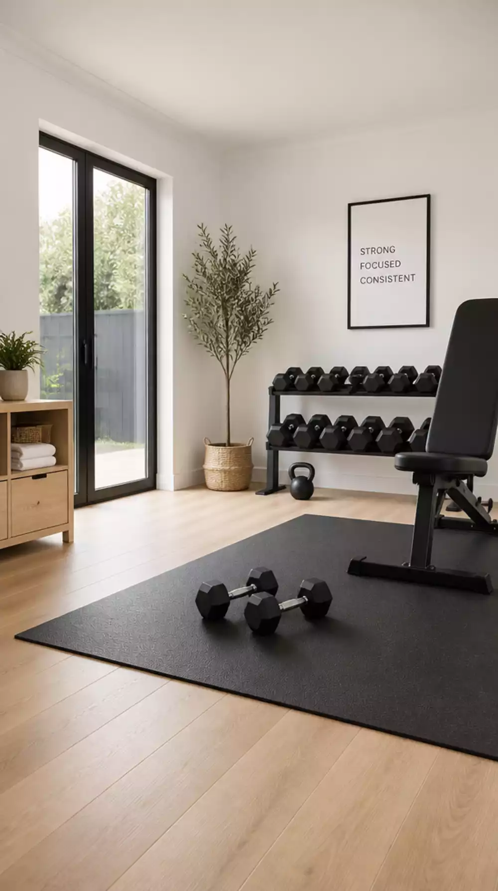 Scandi Home Gym Light Oak Rubber-Backed Floor Mat That Protects Wood Subfloors
