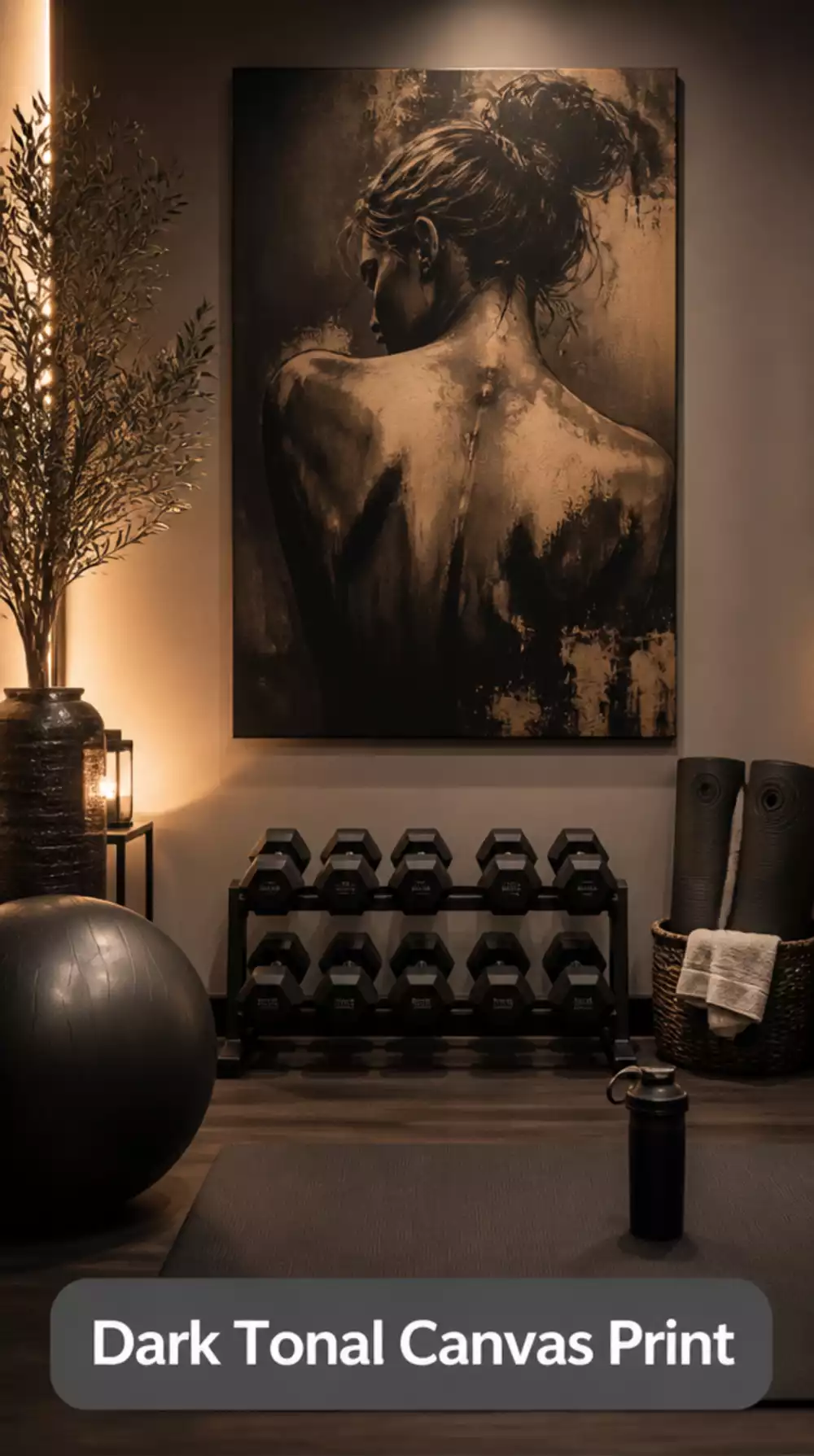Home Gym Large Canvas Print in a Dark Tonal Palette for a Moody Gym Aesthetic