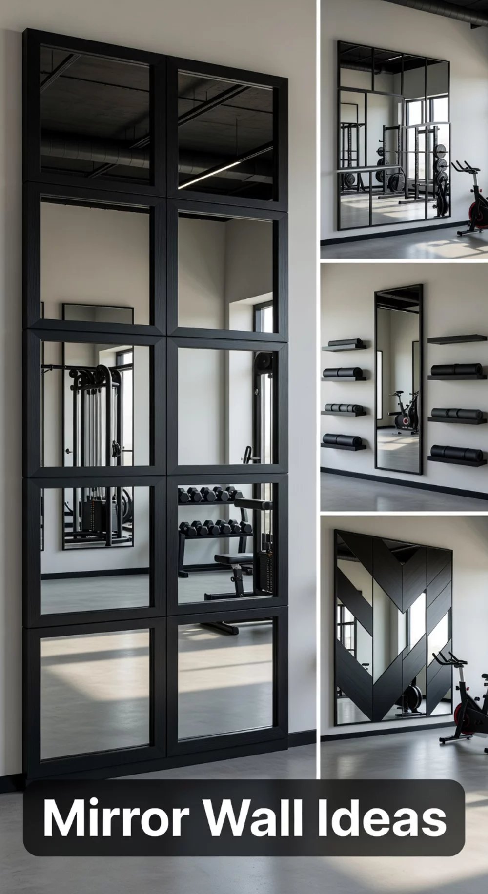Modern Home Gym Mirror Wall with Matte Black Frame Panels