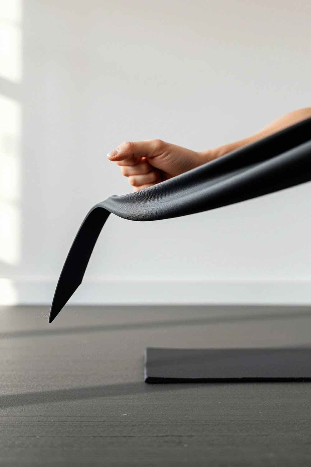 Close-up view of a resistance band stretching, illustrating tension and muscle engagement, on a minimalist gym floor background.