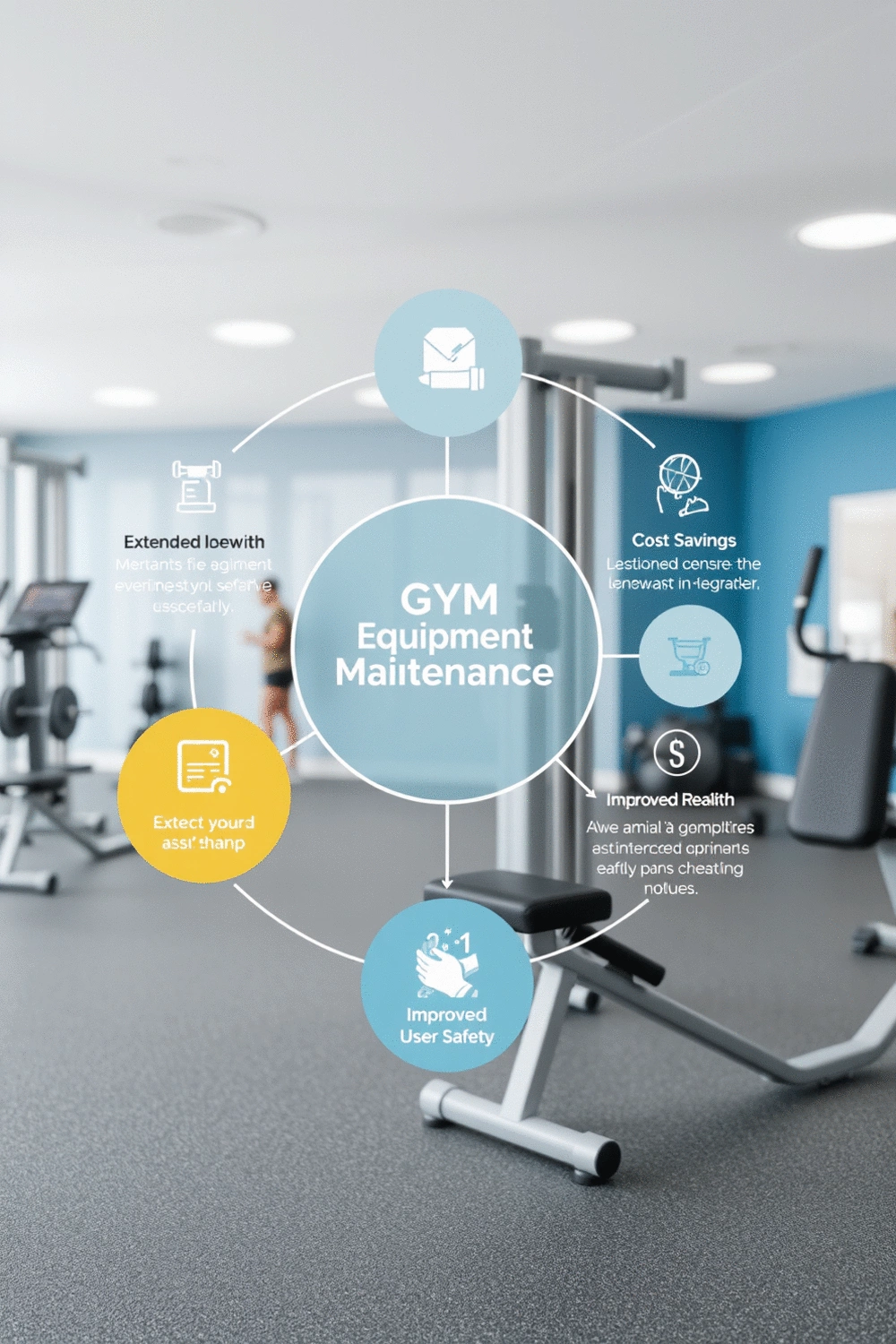 Diagram illustrating the benefits of regular gym equipment maintenance, including extended lifespan, cost savings, and improved safety