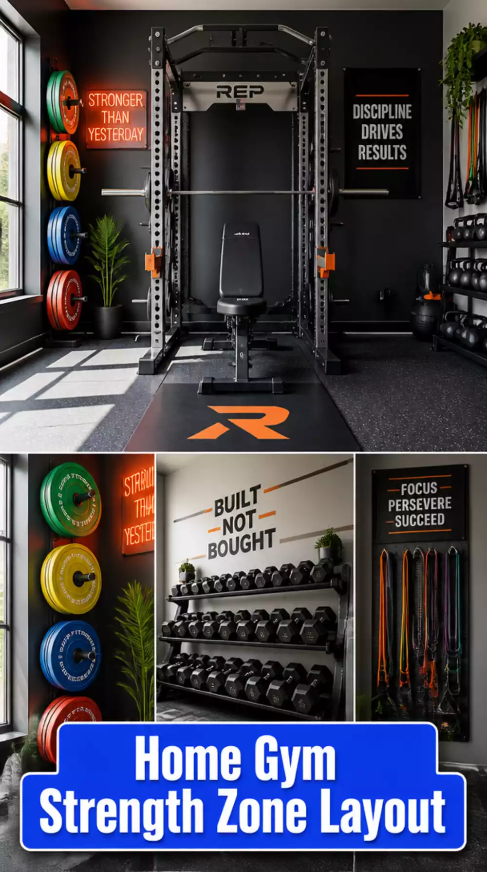 Home Gym Strength Zone Layout with Power Rack and Dumbbell Wall