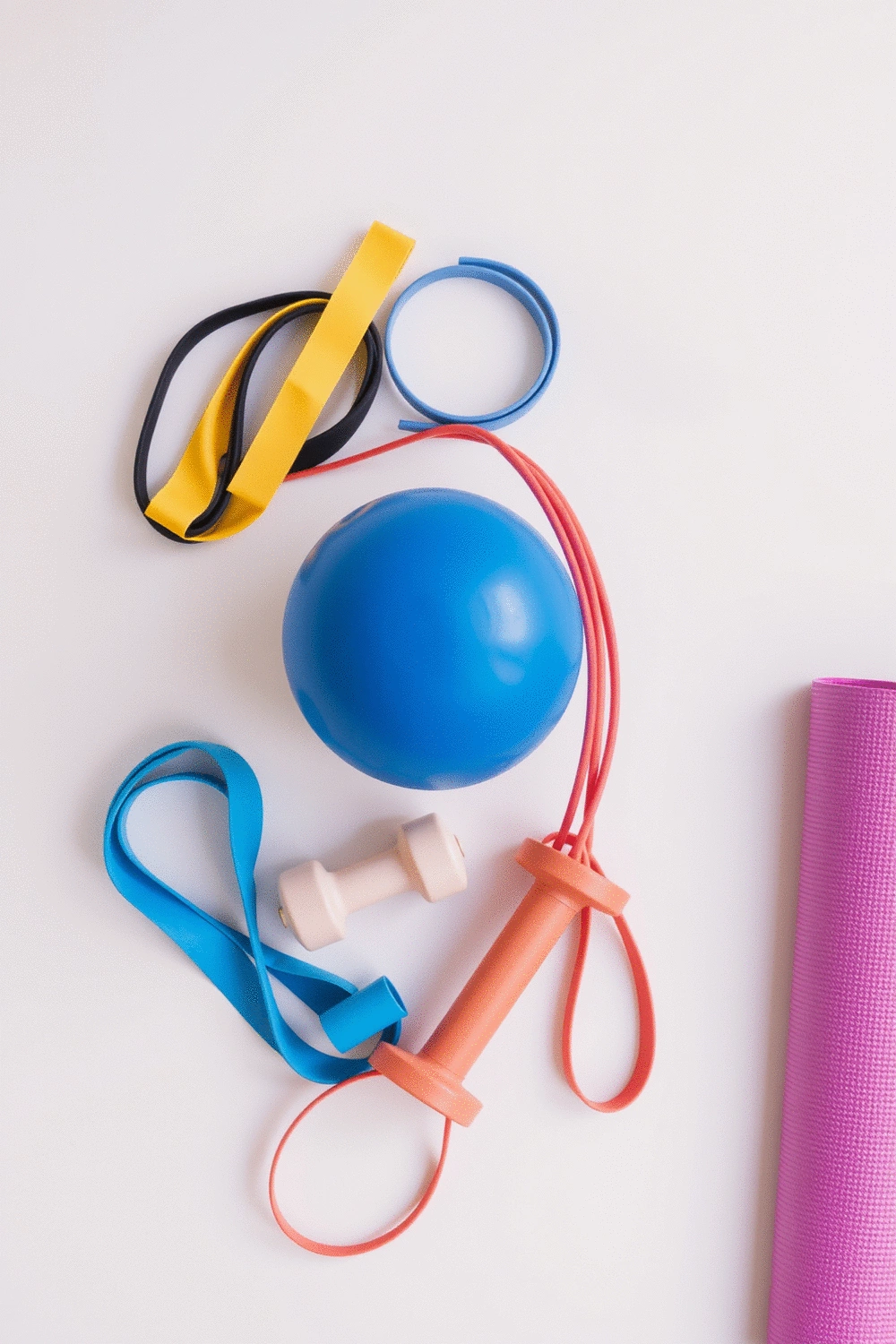 Flat lay of various core exercise equipment including resistance bands, a stability ball, and a small weight