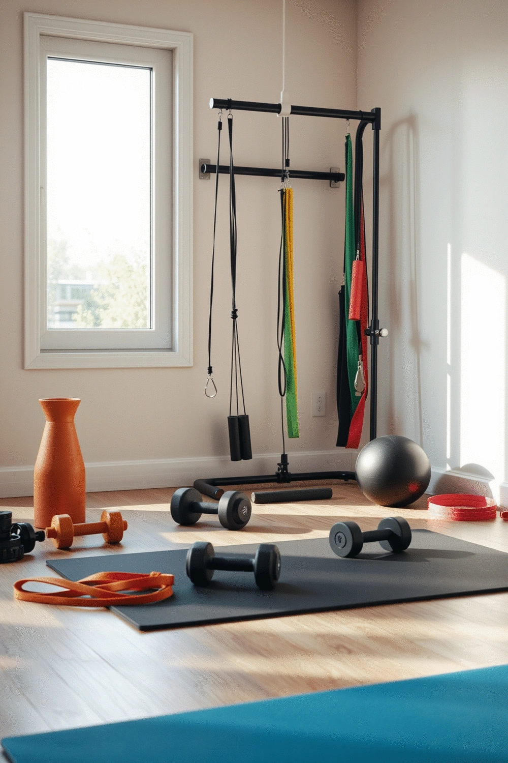 Modern home gym setup with various fitness equipment like dumbbells, resistance bands, and a yoga mat on a clean wooden floor, bathed in soft natural light, reflecting convenience and accessibility.