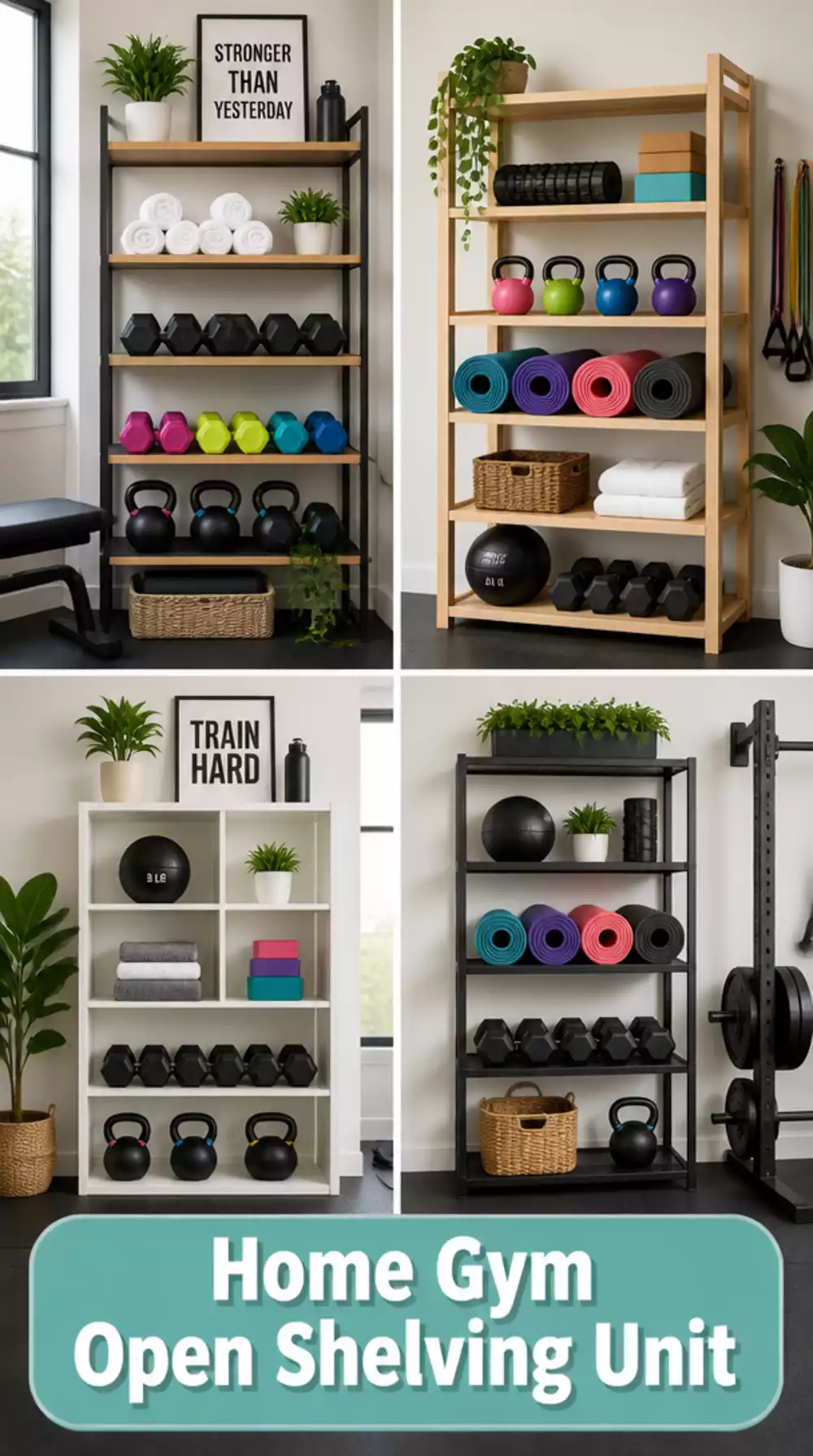 Home Gym Open Shelving Unit That Displays Accessories and Keeps the Room Tidy