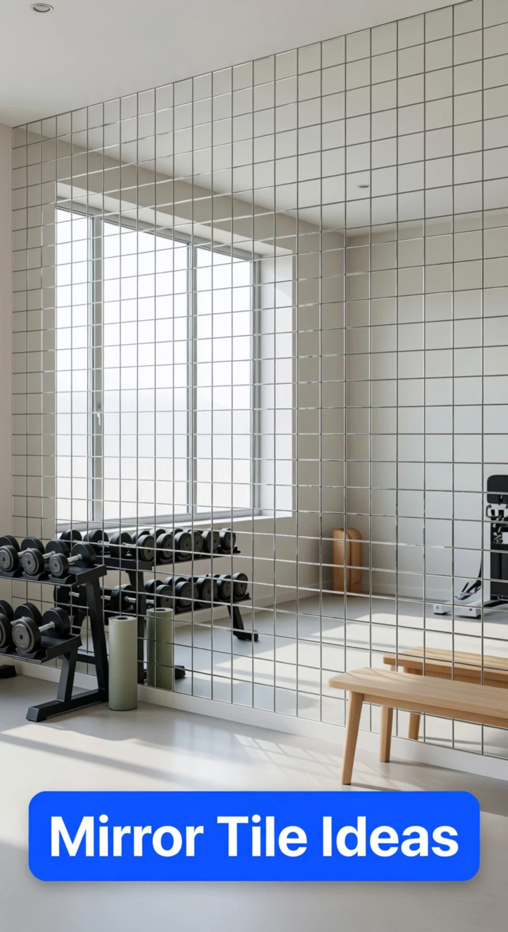 Home Gym Mirror Wall Using Individual Tiles That Align Without a Frame