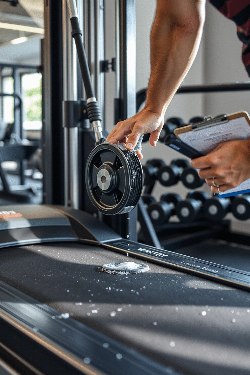 Close-up of gym equipment components being cleaned and inspected