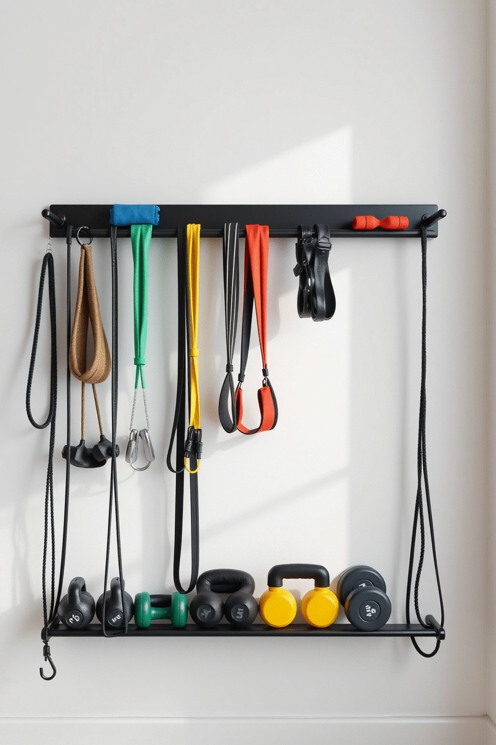 Wall-mounted storage rack with various resistance bands and small weights organized neatly, against a minimalist white wall