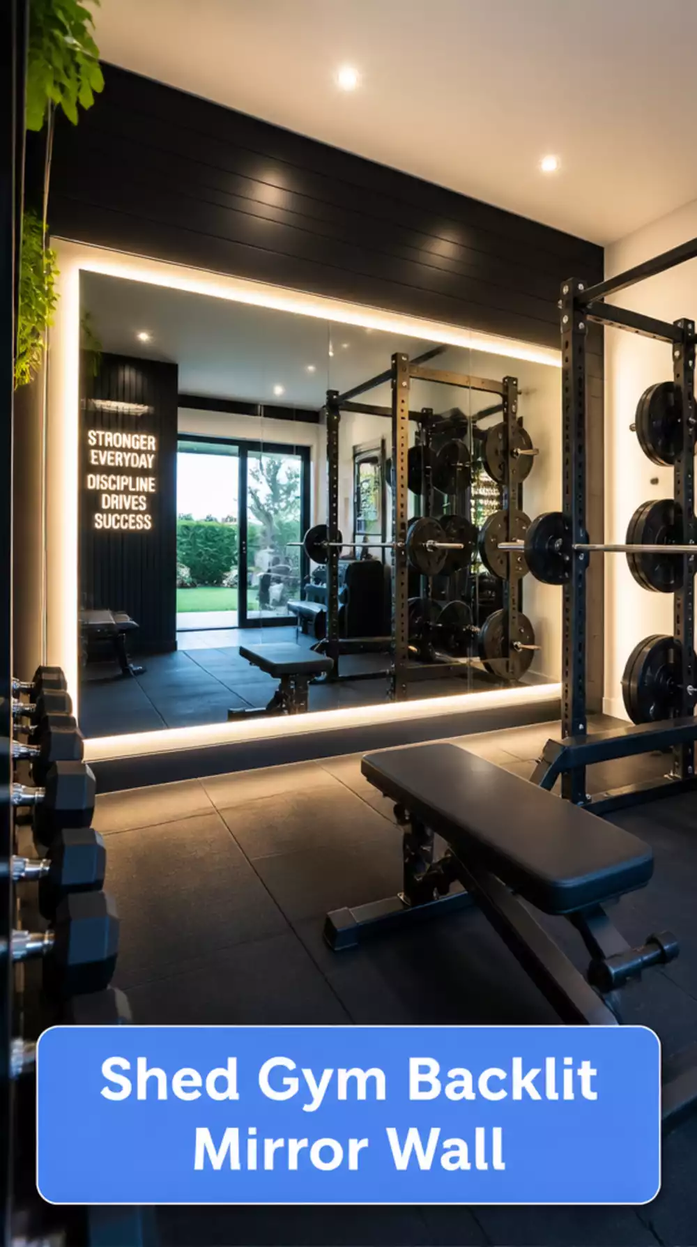 Shed Gym Backlit Mirror Wall That Makes a Tiny Outbuilding Feel Twice as Deep