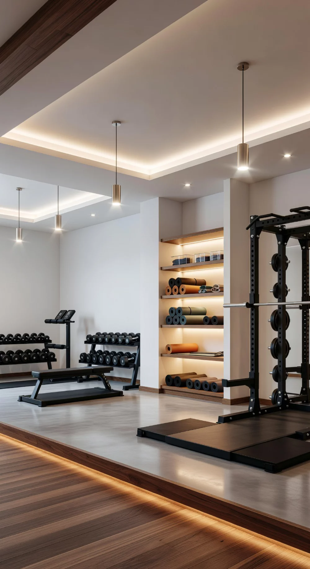 The Layered Home Gym Lighting Trick That Separates the Workout Zone from Storage