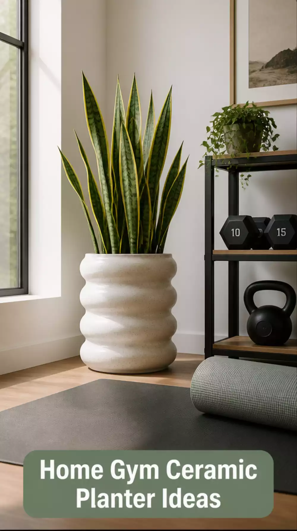 Home Gym Ceramic Planter with a Sculptural Indoor Plant for a Japandi Corner Detail
