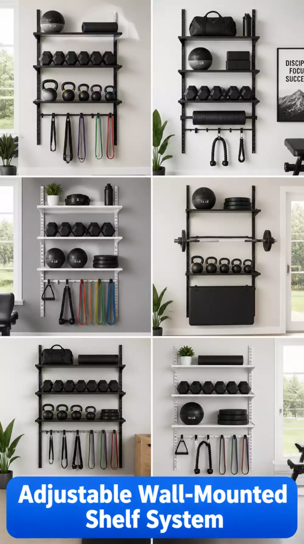 Home Gym Wall-Mounted Shelf Rail System That Adjusts as the Equipment Collection Grows