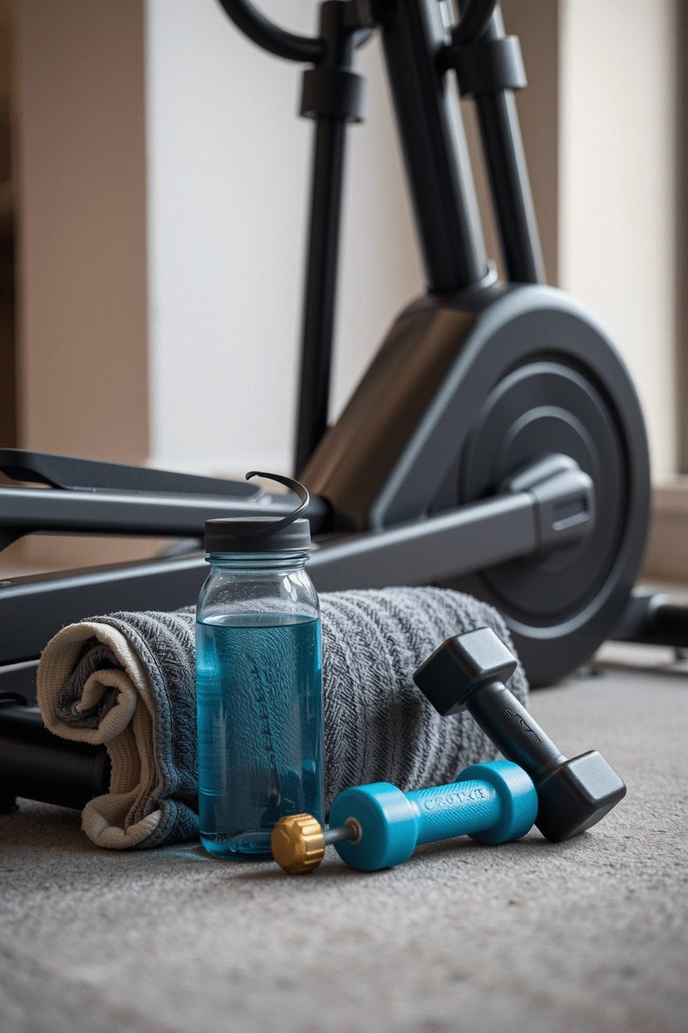 Arrangement of fitness accessories like a water bottle, towel, and small weights next to an elliptical machine