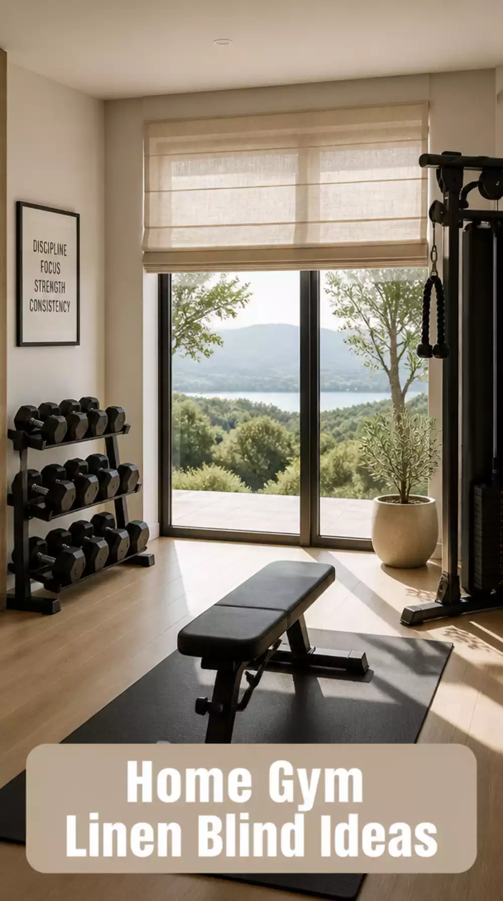 Home Gym Linen Roman Blind That Controls Glare Without Losing the View