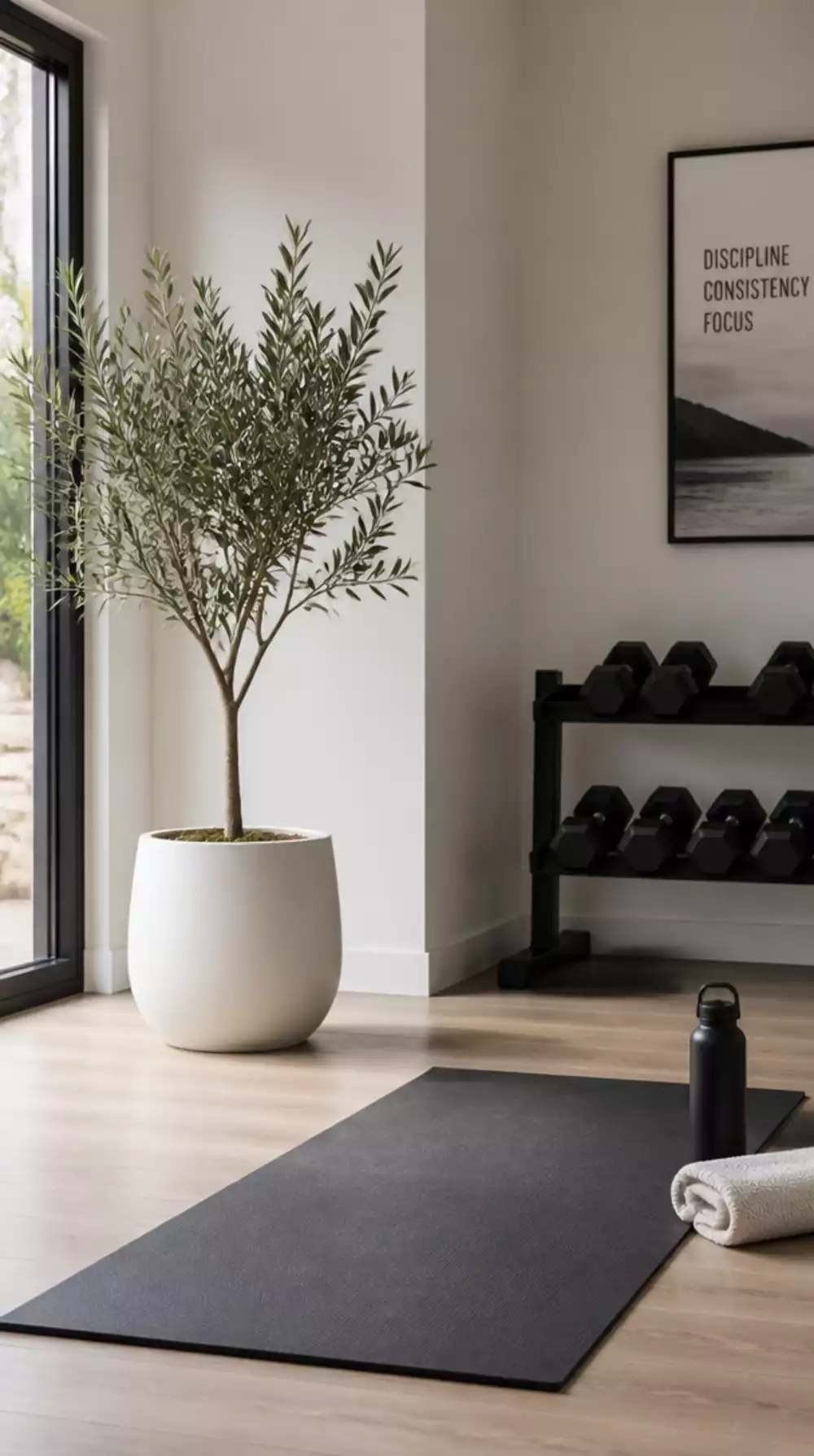 Home Gym Olive Tree in a Matte White Pot That Suits a Minimal Neutral Aesthetic