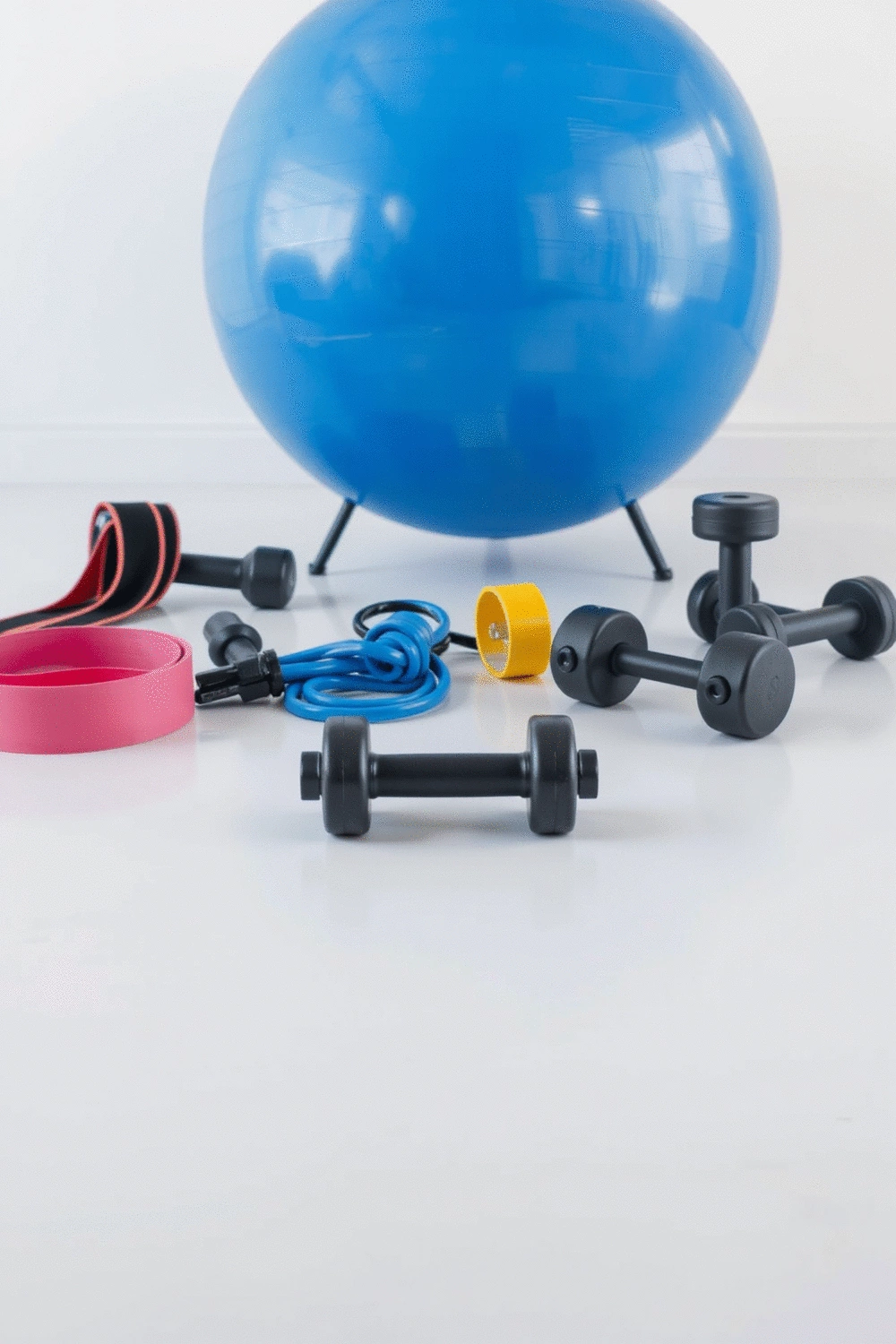 A collection of various ergonomic exercise equipment on a clean studio floor, including resistance bands, adjustable dumbbells, and a stability ball, arranged neatly to showcase their design.