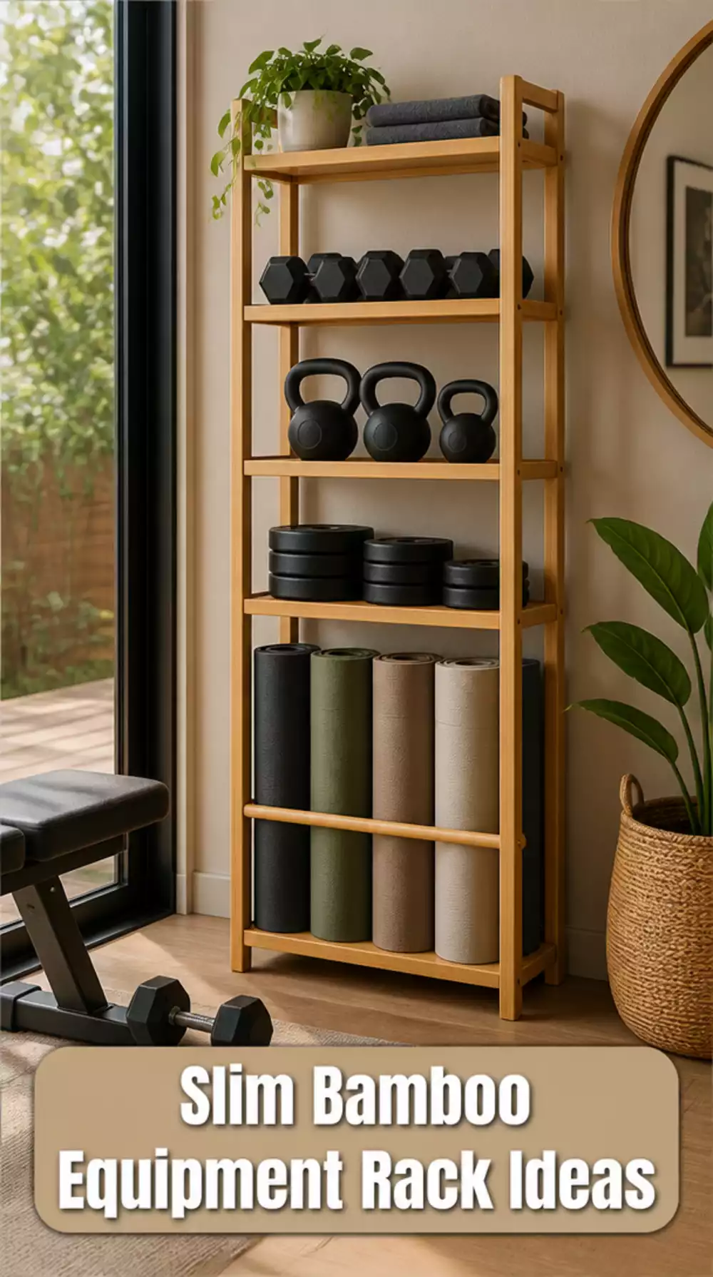 Japandi Home Gym Slim Bamboo Equipment Rack That Stores Weights Without Visual Noise