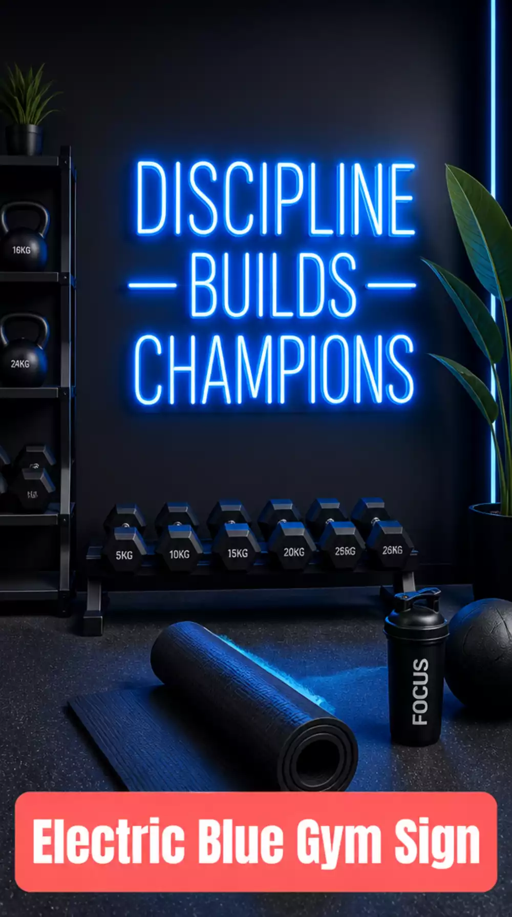 Home Gym Neon Sign in Electric Blue That Pops Against a Dark Charcoal Wall