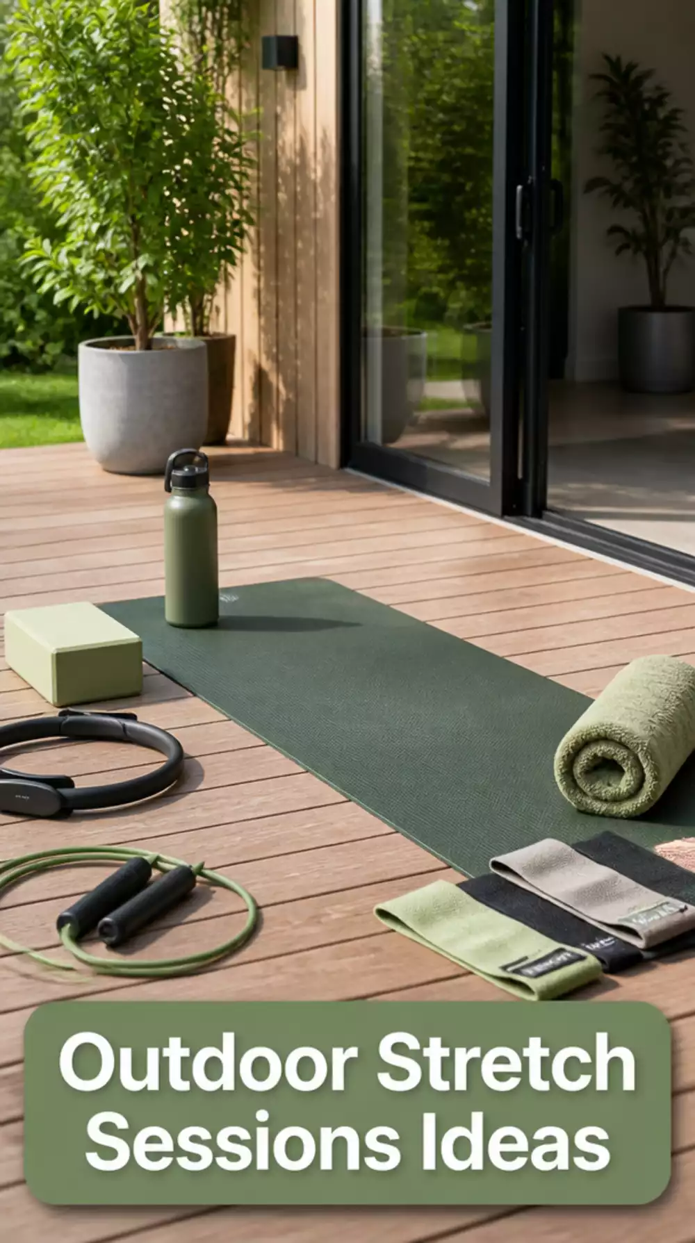 Home Gym Timber Decking Platform Outside a Glass Door for Outdoor Stretch Sessions