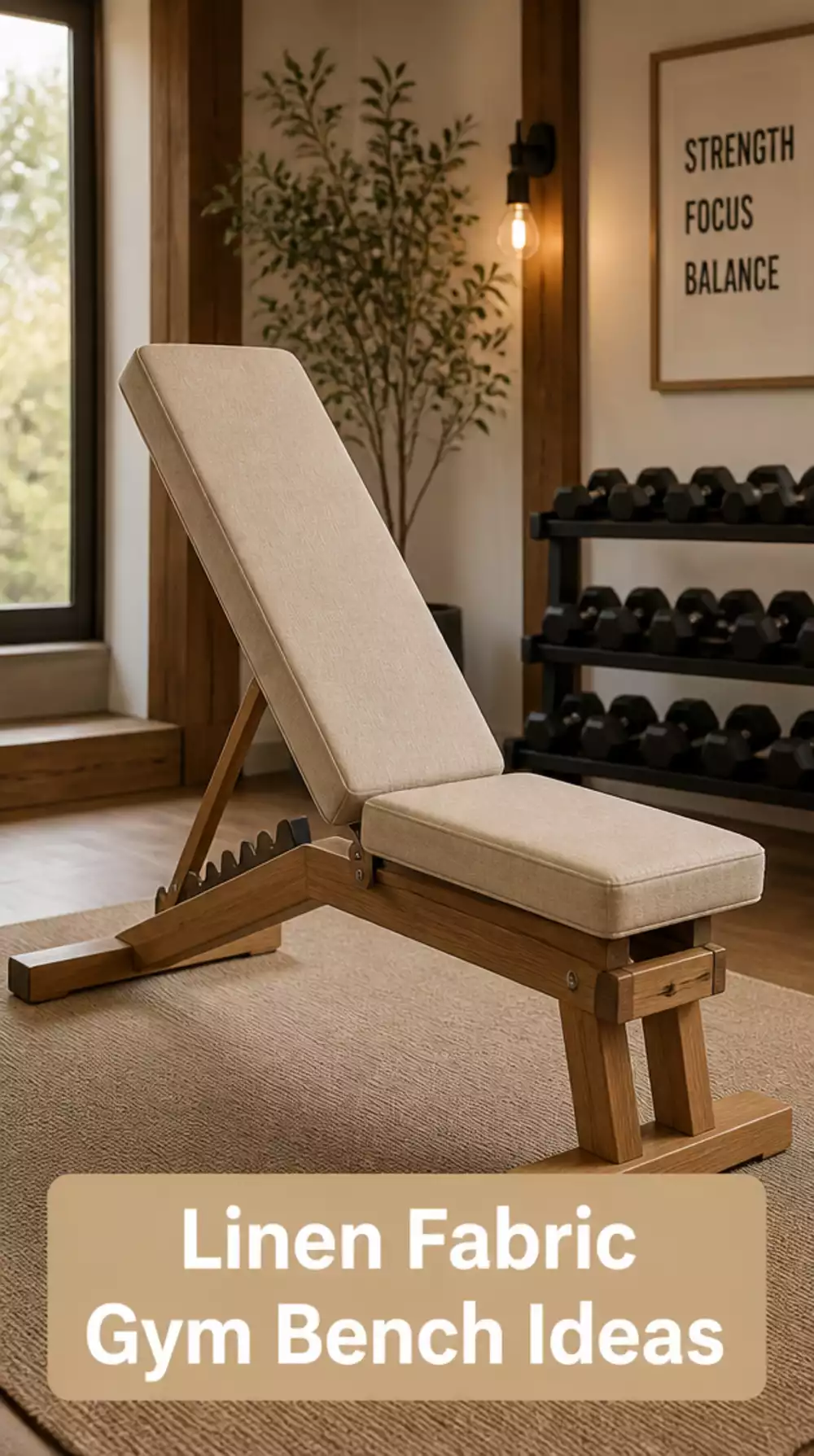 Linen Fabric Gym Bench That Fits a Warm Modern Home Gym Aesthetic