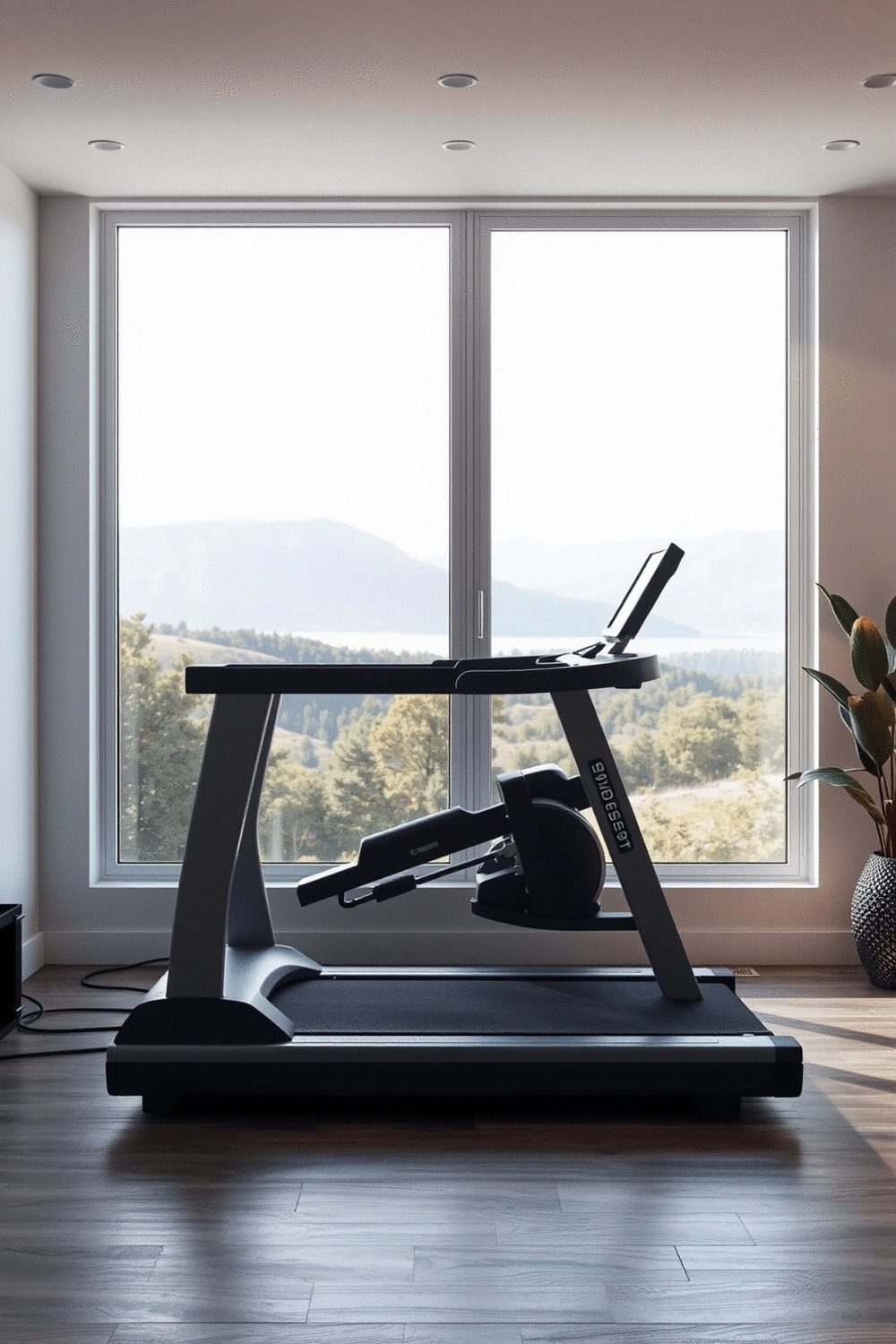 A modern treadmill in a well-lit home gym with a view of a serene landscape.