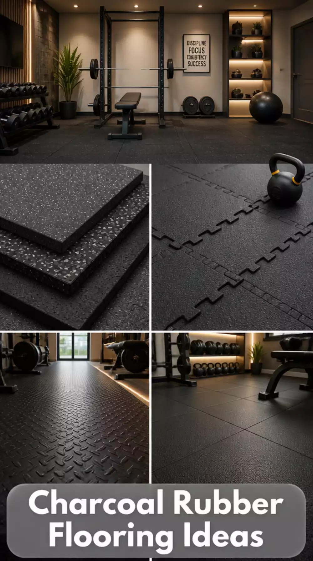 Home Gym Charcoal Rubber Flooring That Ties a Dark Color Palette Together