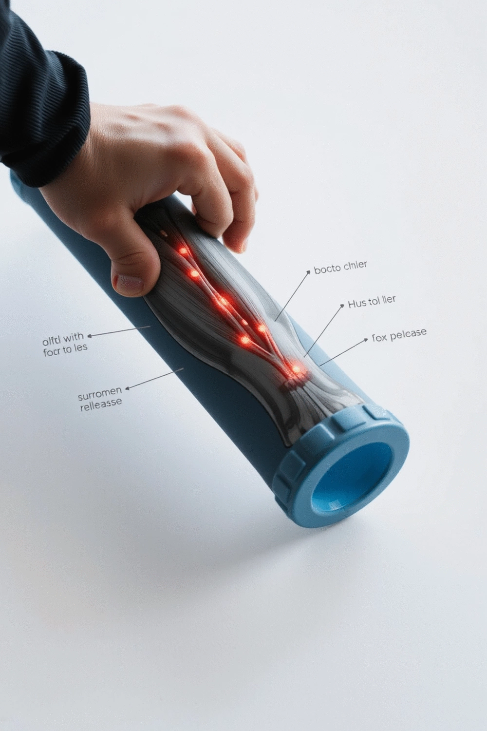 A detailed close-up of a foam roller pressing into a muscle diagram on a minimalistic background, illustrating the concept of trigger point release. Soft, diffused lighting.