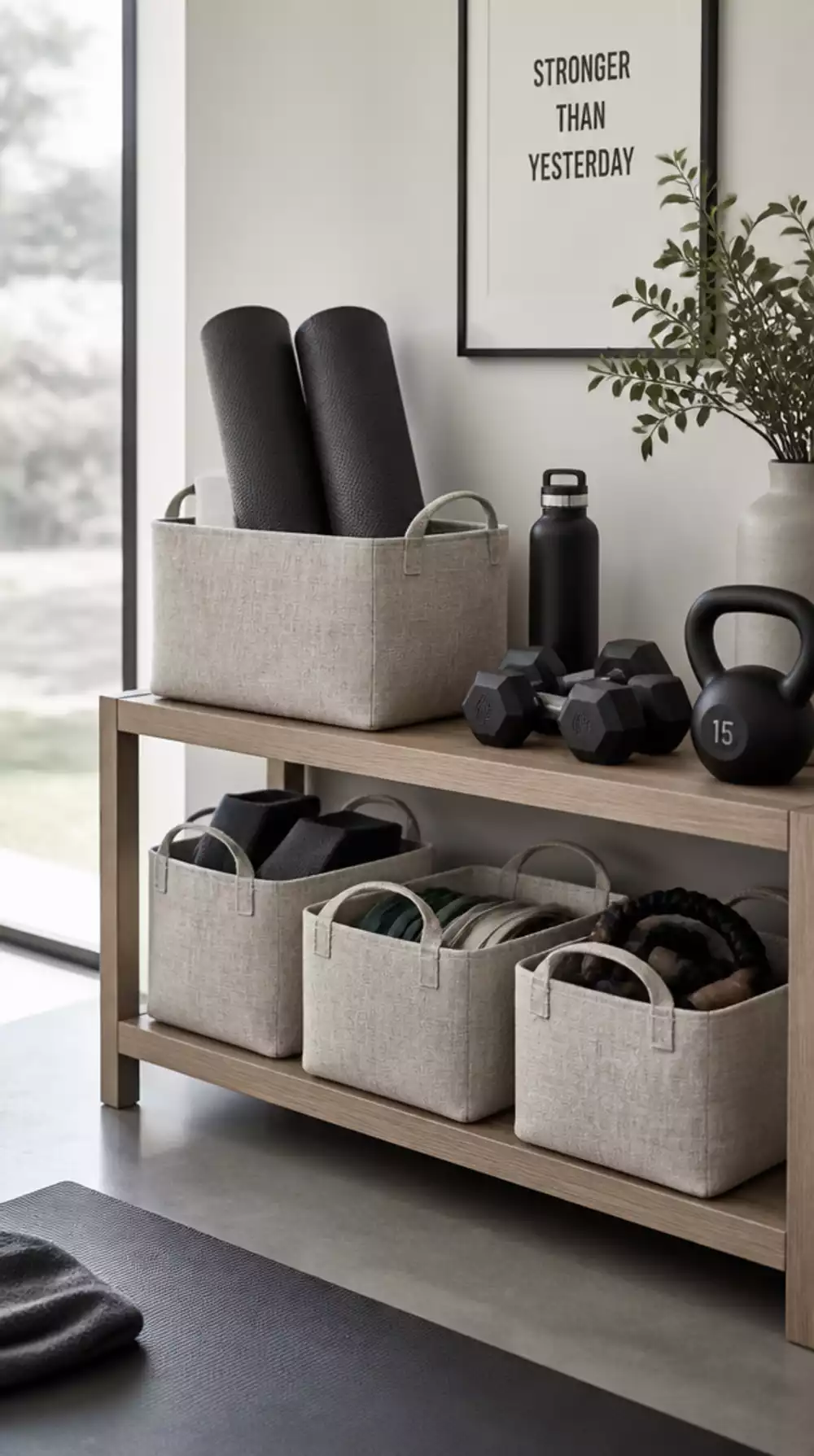 Home Gym Neutral Linen Storage Basket That Hides Equipment in Plain Sight