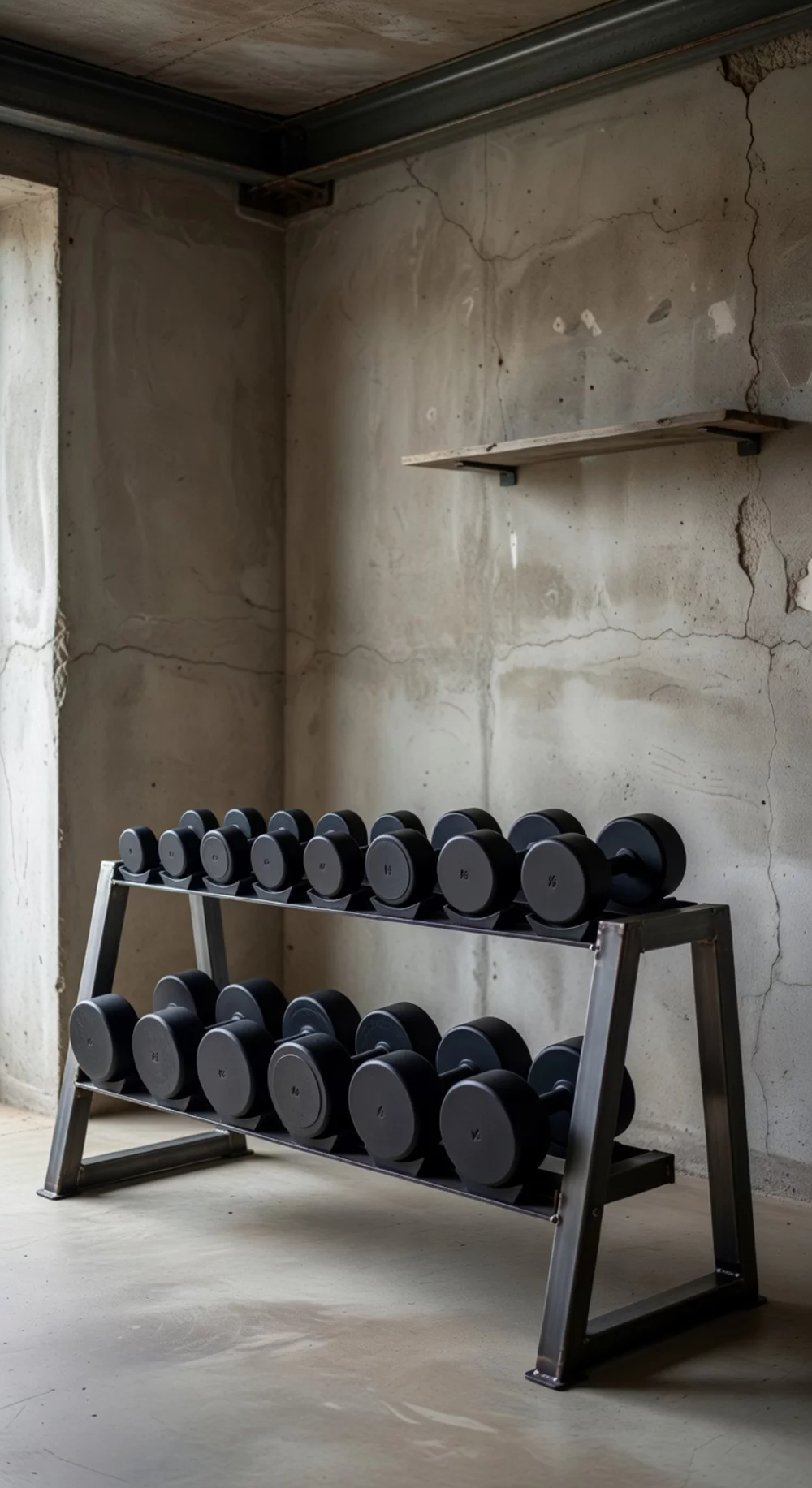 Home Gym Matte Black Dumbbell Set on an Open Steel Rack for a Raw Studio Look