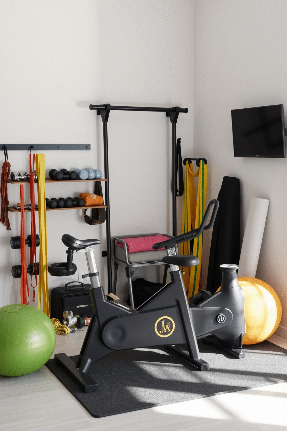 Various types of home gym equipment neatly arranged in a dedicated space