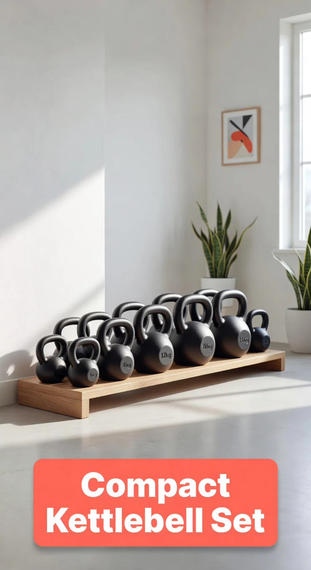 Compact Home Gym Kettlebell Set on a Slim Floor Stand