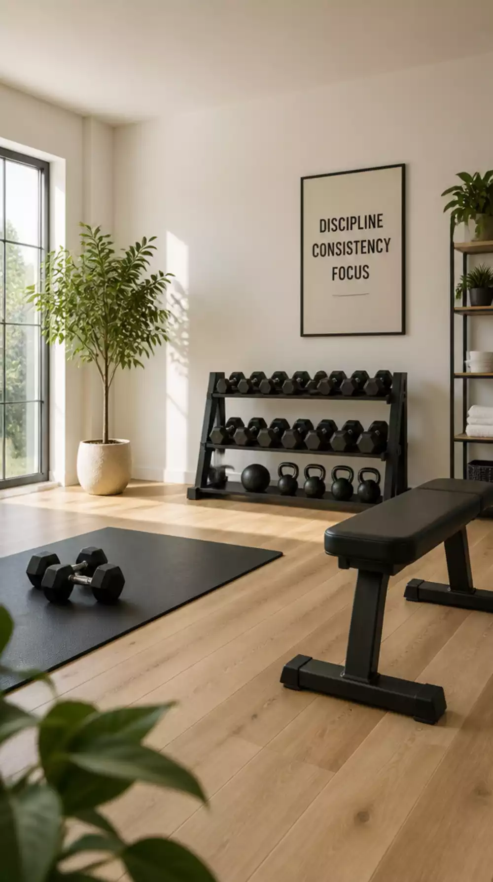 Japandi Home Gym Light Oak Wood Floor That Grounds a Minimal Workout Space