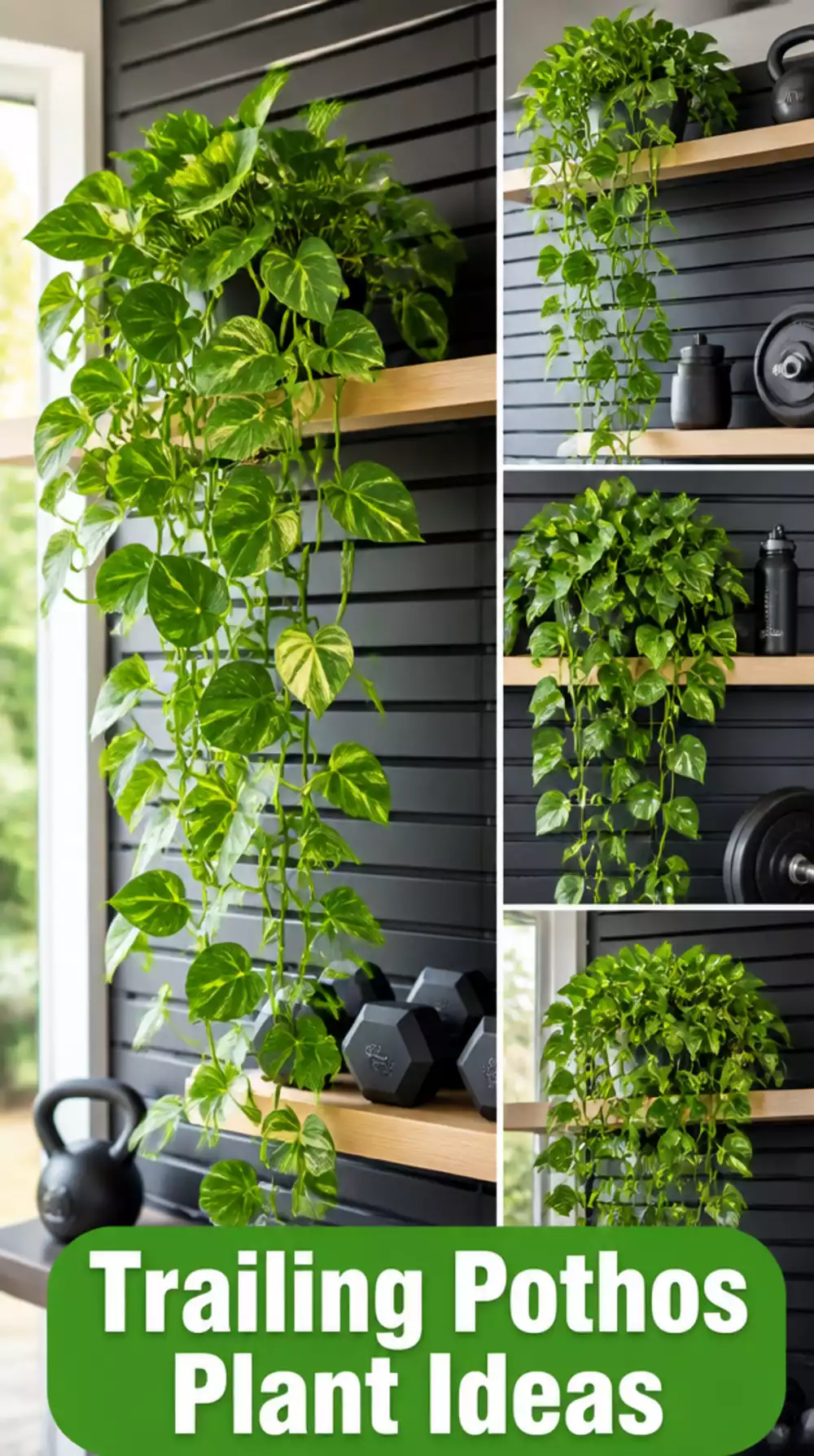 Home Gym Trailing Pothos Plant That Softens a Hard-Walled Slat Panel
