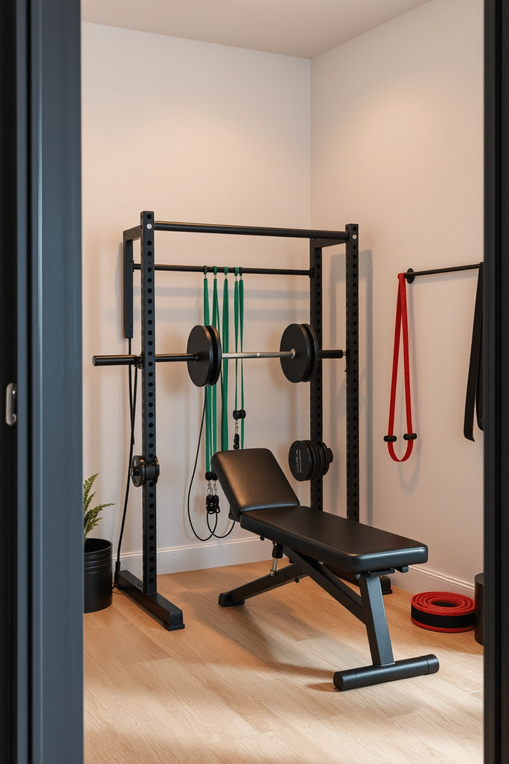 A minimalist home gym setup featuring a compact multi-functional weight rack, adjustable bench, and resistance bands, all organized efficiently in a small, well-lit corner with a plant for aesthetic.