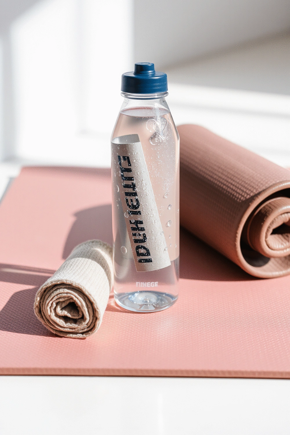 Stylized water bottle with condensation on a fitness mat next to a small towel, indicating hydration, no text, no words, no typography, no labels, clean image, no humans, no people, no hands, no body parts