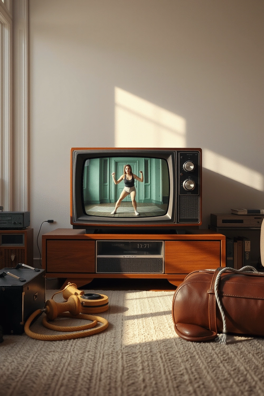Retro television set displaying a vintage home workout video, surrounded by classic exercise equipment like a jump rope and small hand weights, in a domestic living room setting