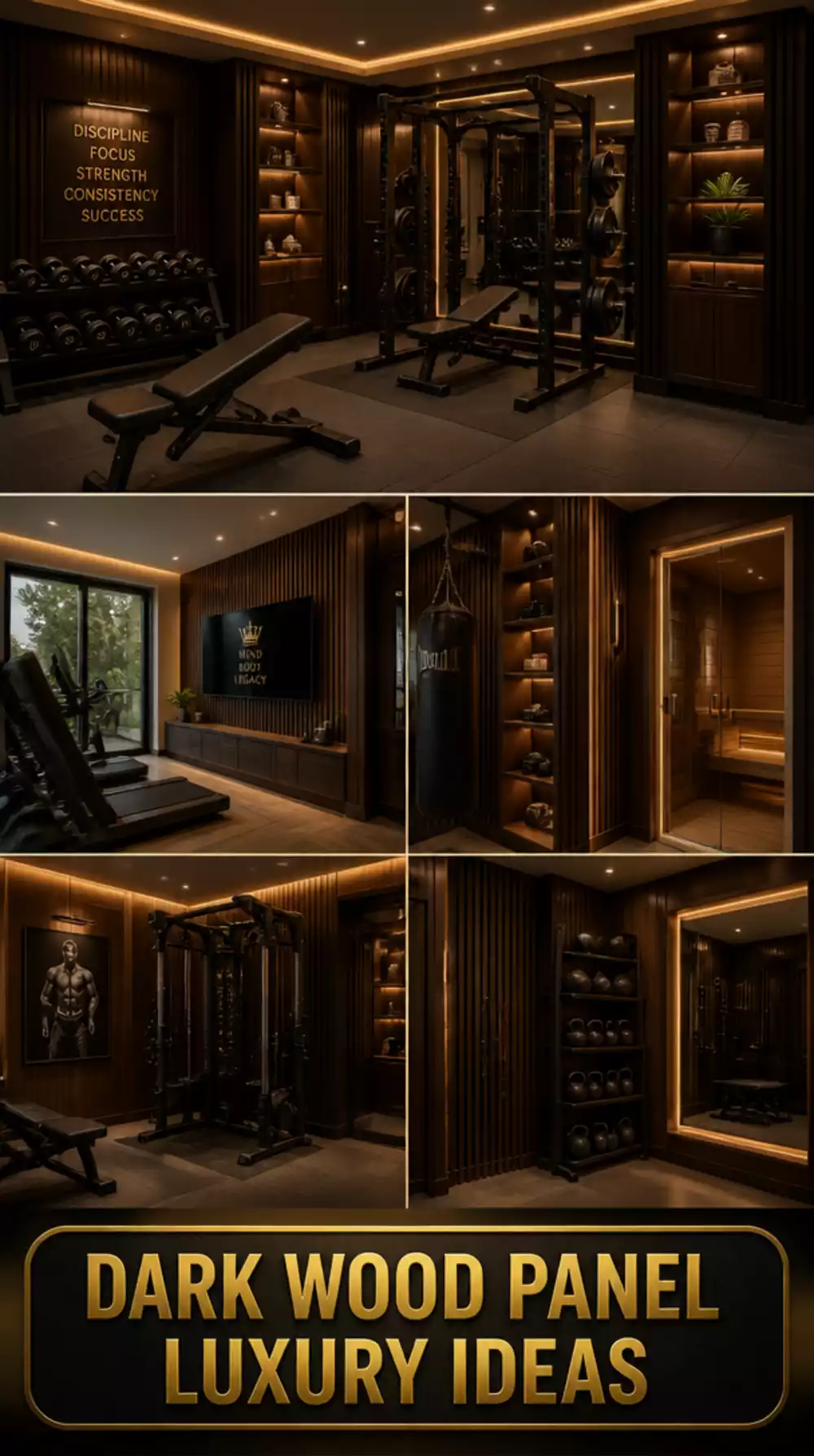 The Dark Wood Panel Trick Designers Use in Luxury Home Gym Builds