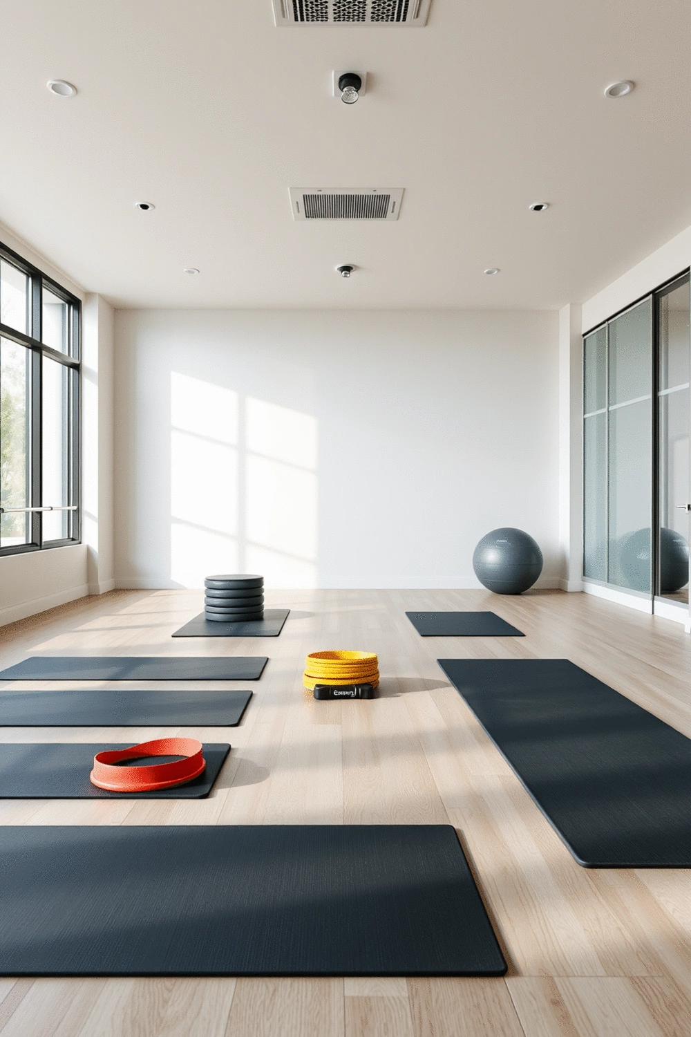 Empty fitness studio with exercise mats and resistance bands, ready for a group class