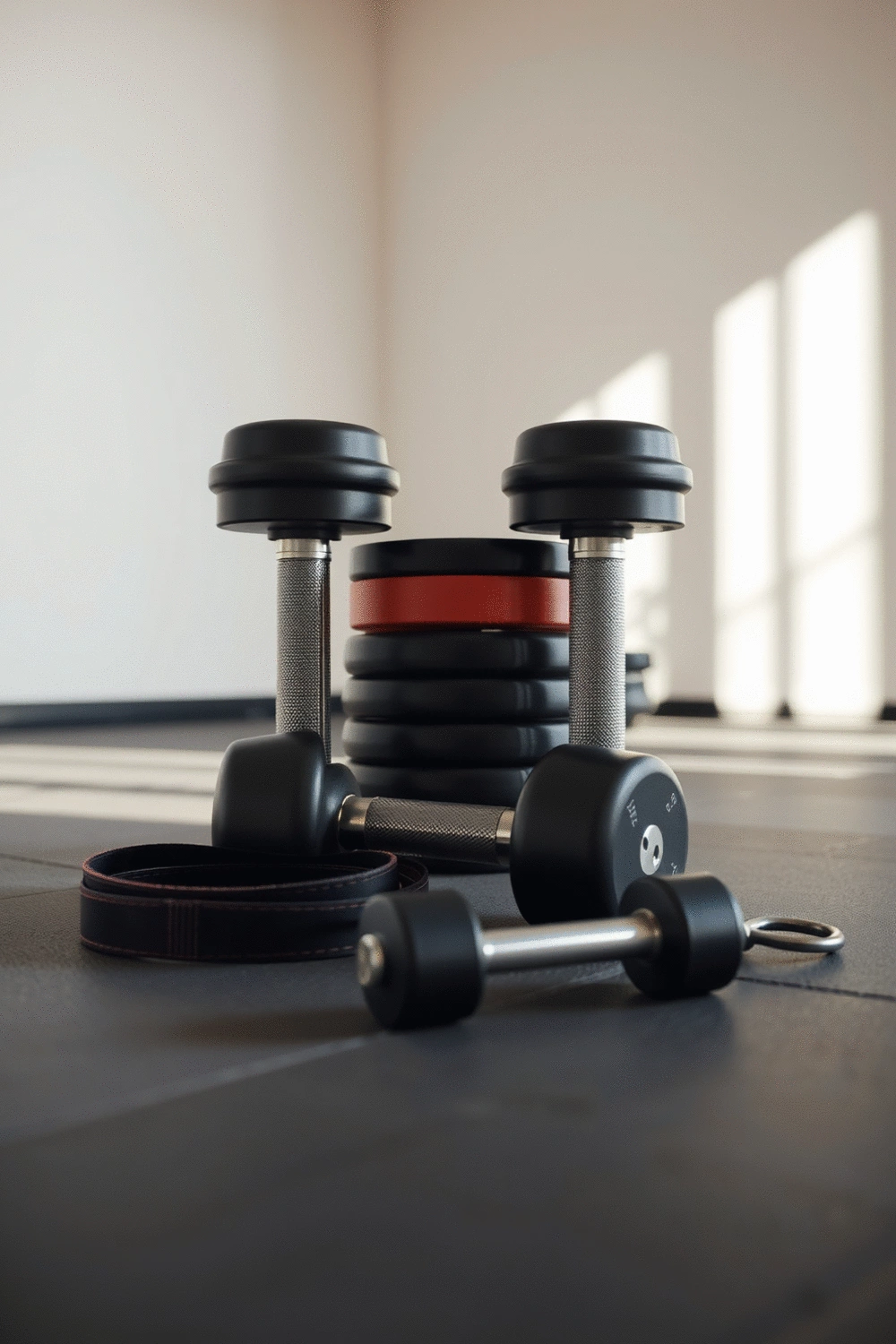Durable exercise equipment, such as a sturdy steel dumbbell set and resistance bands, arranged neatly on a clean gym floor with soft natural light.